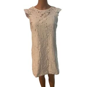 White eyelet flutter sleeve shift dress